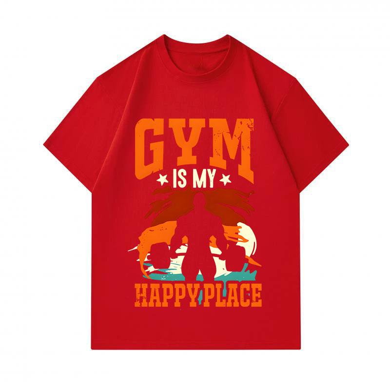 Men's 100% Cotton Crew Neck Short Sleeve T-Shirt, Gym Is My Happy Place Retro Workout Fitness Printed Casual Daily Comfortable Lightweight Top for Gym