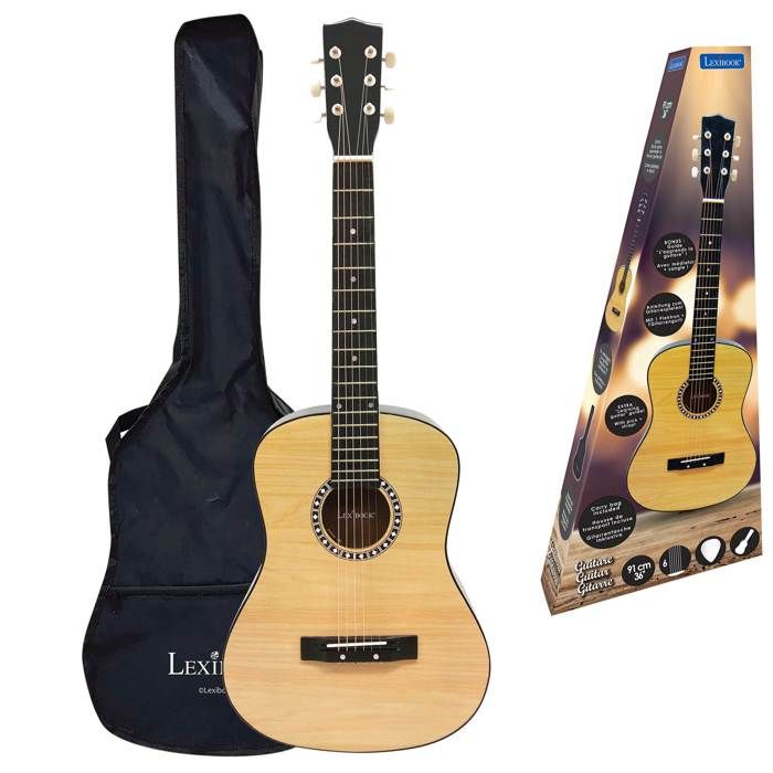 Guitare acoustique en bois, Lexibook, 91 cm, Guide d'apprentissage inclus, 6 cordes en nylon, Housse de transport incluse, Bois/Noir