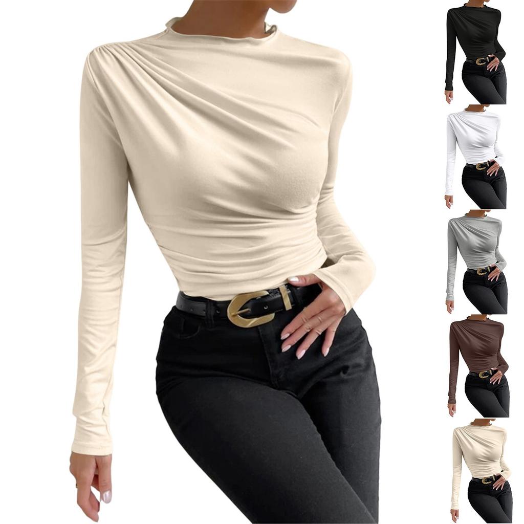 Women's Fashion Slim Versatile Pleated Solid Color Long Sleeve  Bottom  Down Shirt Sweatshirt Top