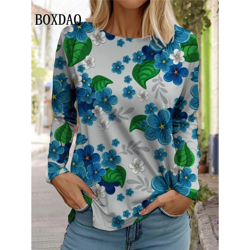 Rosenblumen Schmetterling T-Shirt Damen Batikdruck Langarmtops Übergroß Herbst Winter Lässiger Pullover Damenkleidung
