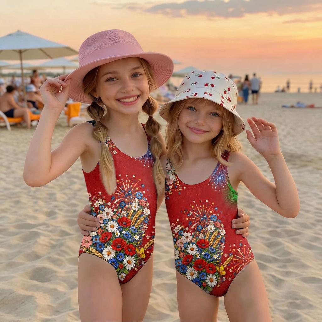 Mädchen Badeanzug Einteiler Unabhängigkeitstag Print Ärmellos Lässig Badebekleidung für Kinder Sommer Strand Pool Kleidung