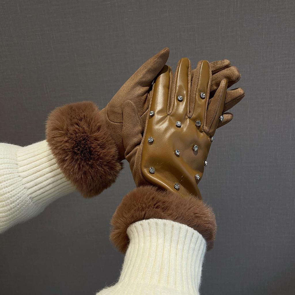 Touchscreen Proteinleder Strass Kaninchenfell Winterhandschuhe