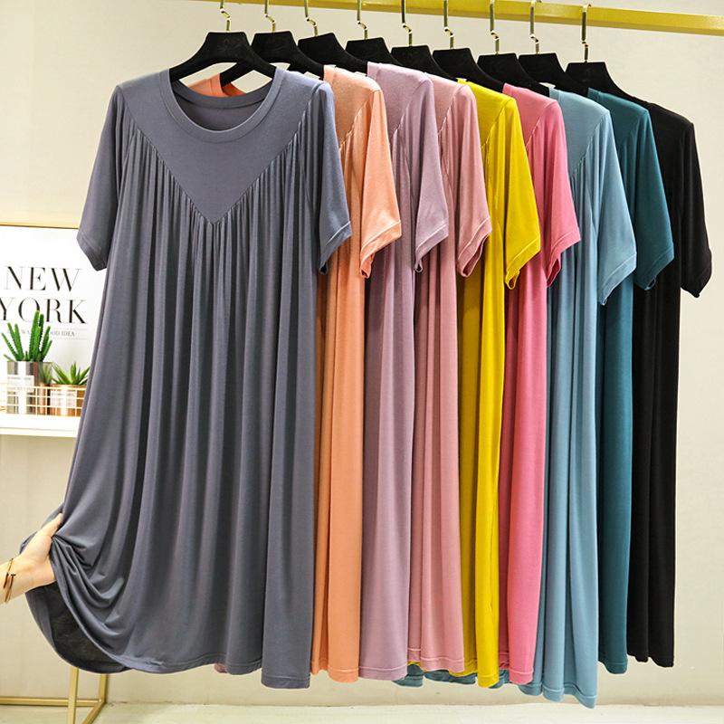 V-shaped pleated thin home long skirt Nightwear Modal nightgown Summer Dress Casual Loose Nightdress Female Sleepshirt