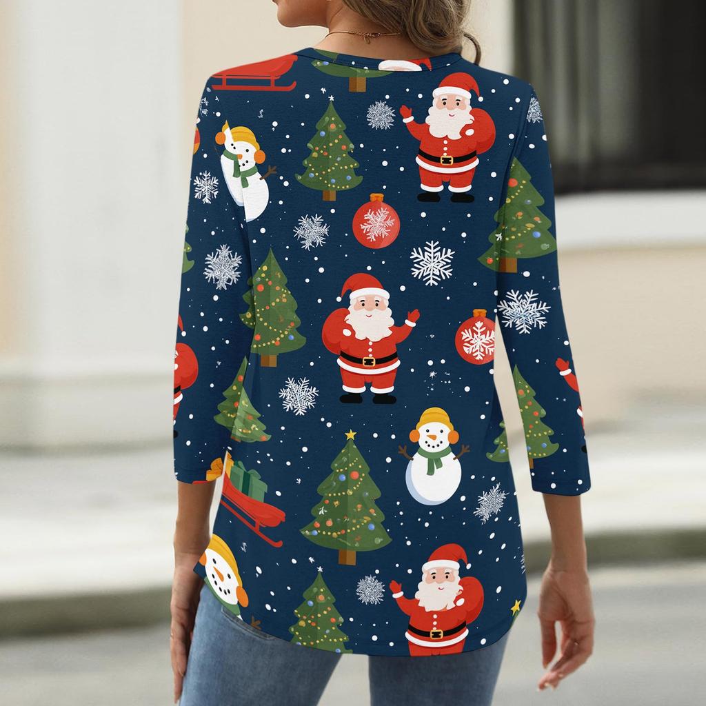 Women's Fashion Casual Christmas Print V-Neck Button Three-Quarter Sleeve T-Shirt Blouse