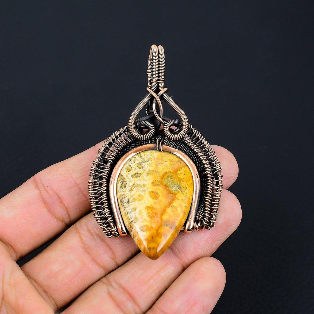 Amazing Fossil Coral Gemstone Handmade Pure Copper Wire Wrapped Pendant Jewelry