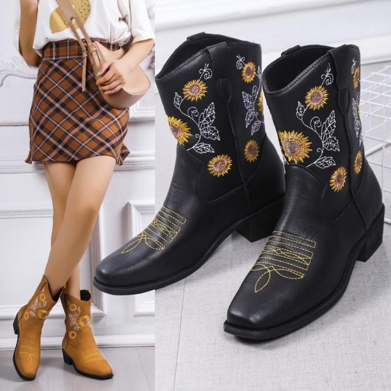 Modne zimowe buty damskie Modne buty outdoorowe Wygodne buty do chodzenia Haftowane brązowe skórzane buty Głębokie wysokie cholewki Damskie buty casualowe Botas