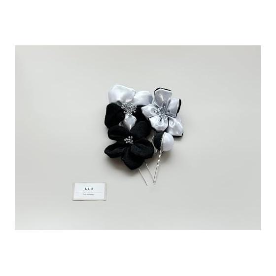Chirimen Hair Ornaments for Coming-of-Age Ceremony, Graduation, Kimono - Tsumami Zaiku Black Silver Set with Kanzashi, Silver Balls, and Flowers