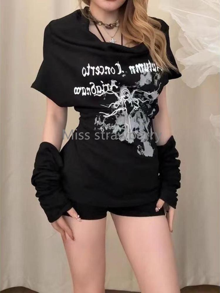 Letní gotická slim černá trička s potiskem dámská hot girl Y2k nová trička s krátkým rukávem dámská high street retro estetické oblečení