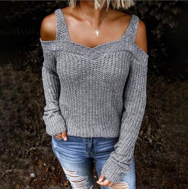 Autumn New Sexy Strap Off-Shoulder Sweater Solid Color Casual Long-Sleeved Sweater Woman Clothing