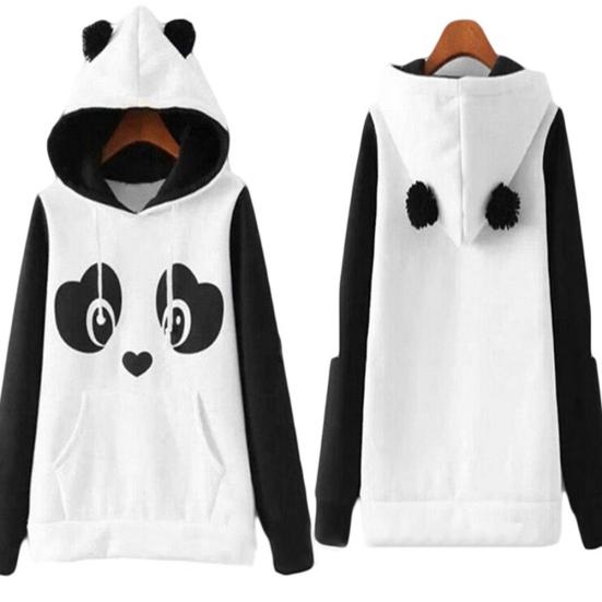 Women Panda Print Long Sleeve Heaps Collar Hoodies Hooded Pullover Sweatshirt