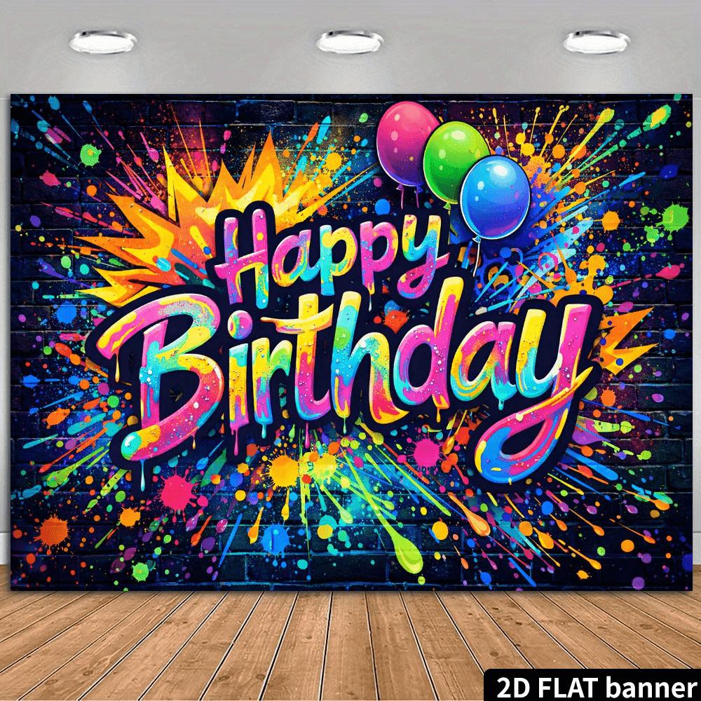 Tecido de Fundo para Festa de Aniversário Graffiti em Plano 2D - Efeito Vibrante de Salpicos de Tinta Spray - Texto Feliz Aniversário