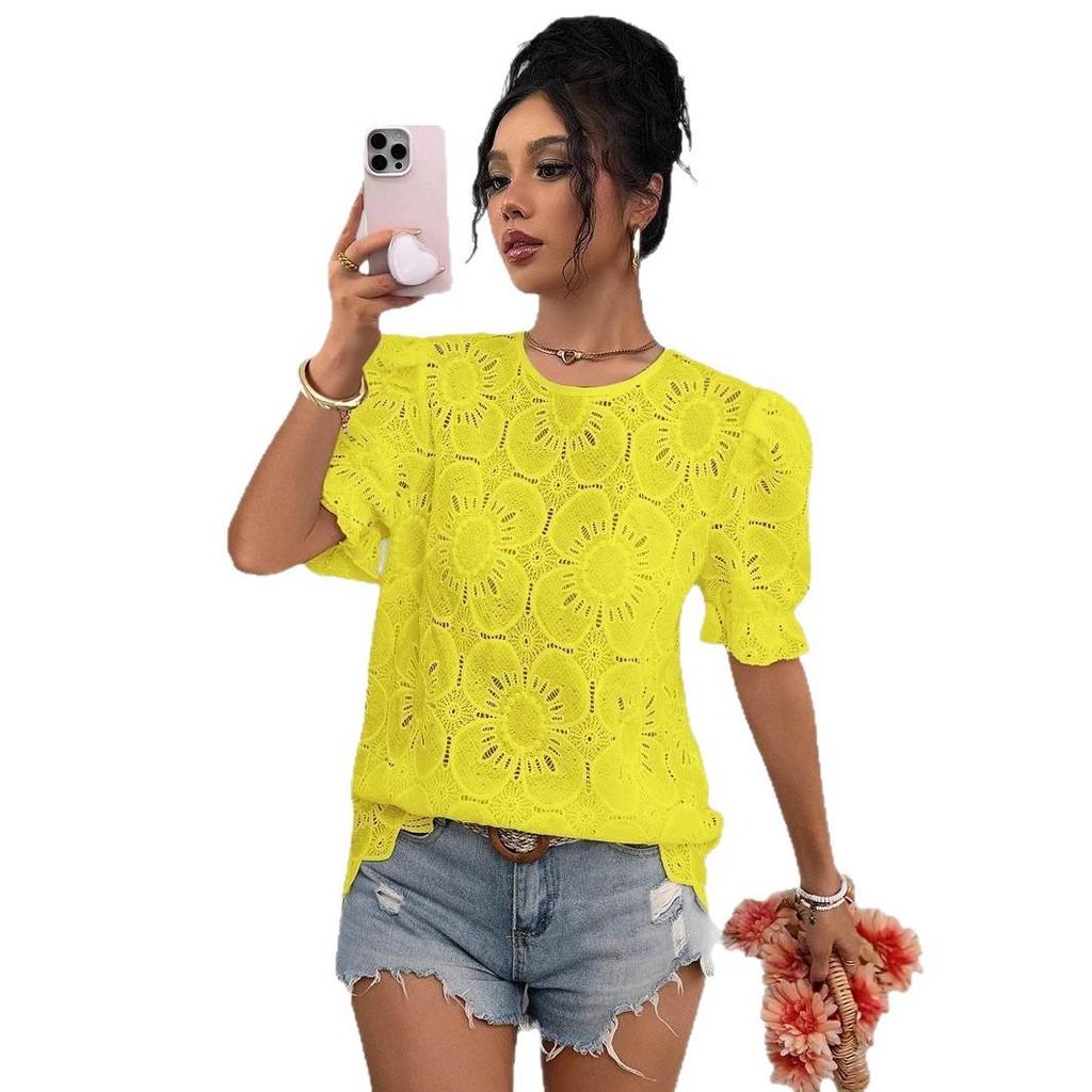European & American Women's Casual Lace Puff Sleeve Top - Summer 2026 Collection
