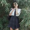 Lemon Sea Salt Plaid School Uniform: Short Sleeve Top & Midi Skirt Set