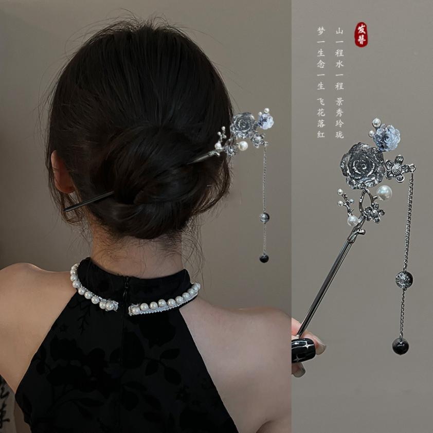 New Chinese Style Black Butterfly Flower Tassel Hair Stick for Women Vintage Metal Hanfu Chopstick Hair Sticks Hair Accessories