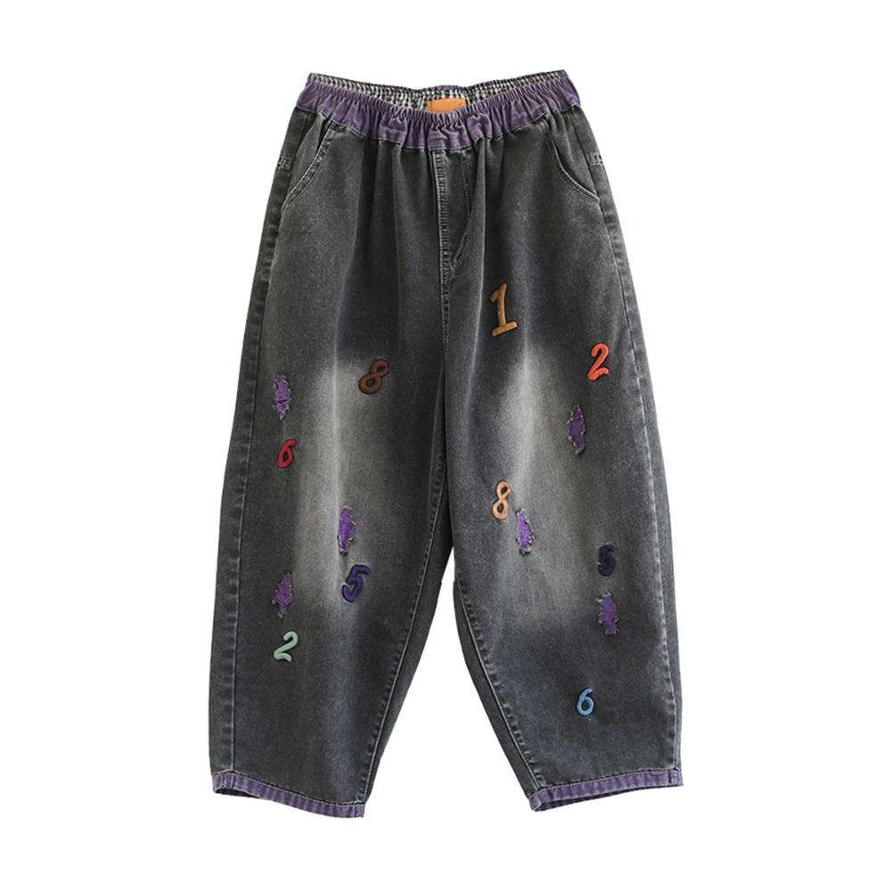 Dimanaf 2025, vară, plus, blugi pentru femei, pantaloni casual cu broderie, talie înaltă, elastici, pantaloni harem largi de bază