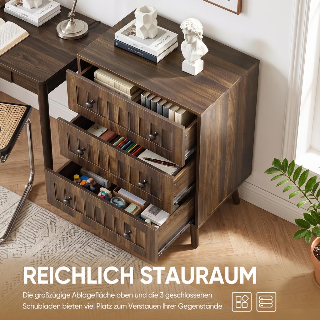 Chest of drawers with three drawers, modern wardrobe, dressing table, suitable for living room, bedroom, hallway (walnut wood)