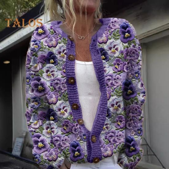 Dámský svetr Cardigan s kulatým výstřihem, dlouhým rukávem, 3D květinovým vzorem, zapínání na knoflíky, pletená bunda, zesílená teplá podzimní zimní top