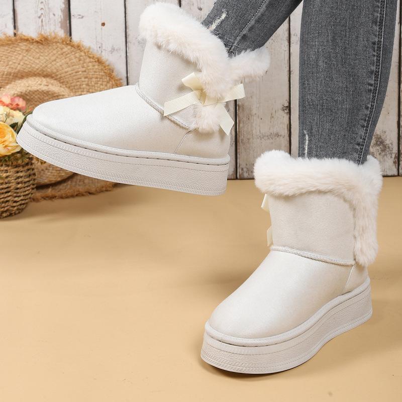 Bow Fluffy Snow Boots Winter New Thick-soled Cotton Boots Piled Thickened Warm Cotton Shoes Large Size