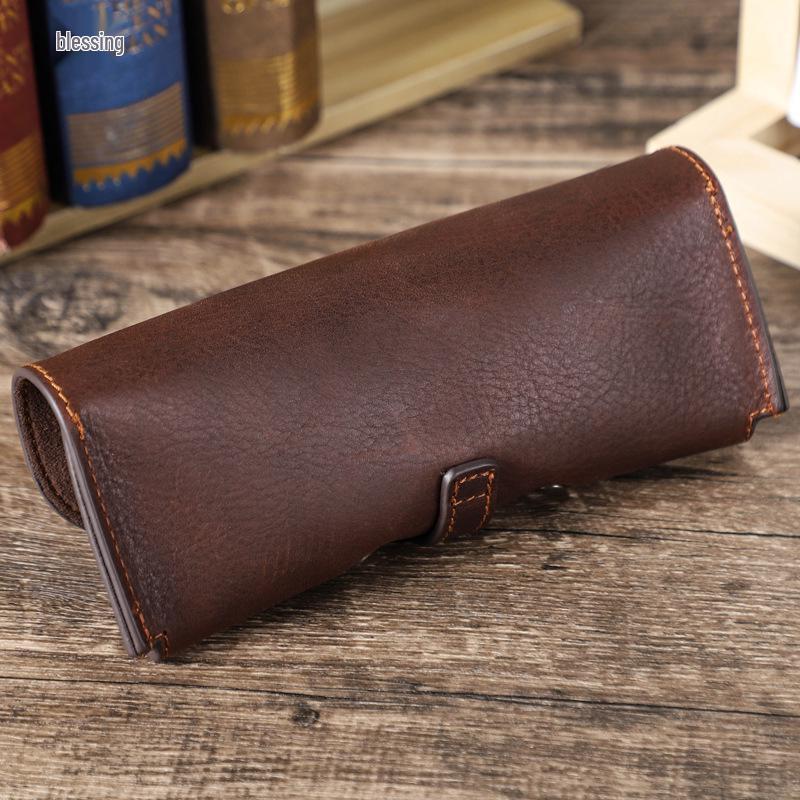 Retro Genuine Leather Sunglasses Case - Crazy Horse Cowhide Travel Glasses Storage Box