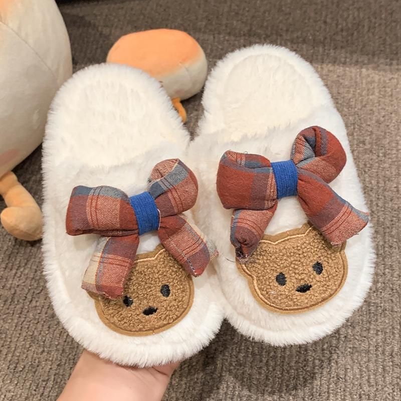 Chic Children's Slipper for Girls Cute Bear Bowknot Kids' Winter Shoes Soft Bottom Fluffy Toddlers Fashion Sweet Cotton Slippers