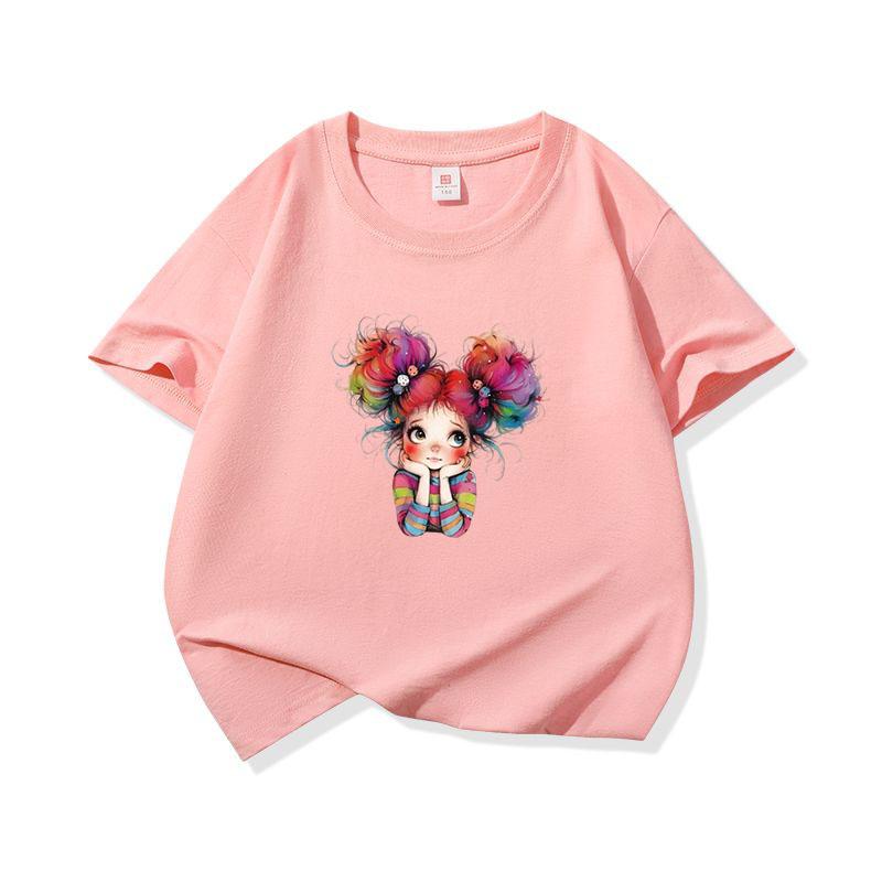 Kids Cotton T Shirt Cheerful Rainbow Hair Girl Graphic Print Crew Neck Short Sleeve Tee Casual Boys Girls Summer Tops