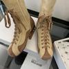 Stivali Bassi alla Moda Marroni da Donna Punta Tonda Allacciatura Scarpe Invernali Stile Sportivo Vintage Tacco Basso Stivali Lunghi Cachi Botas De Mujer