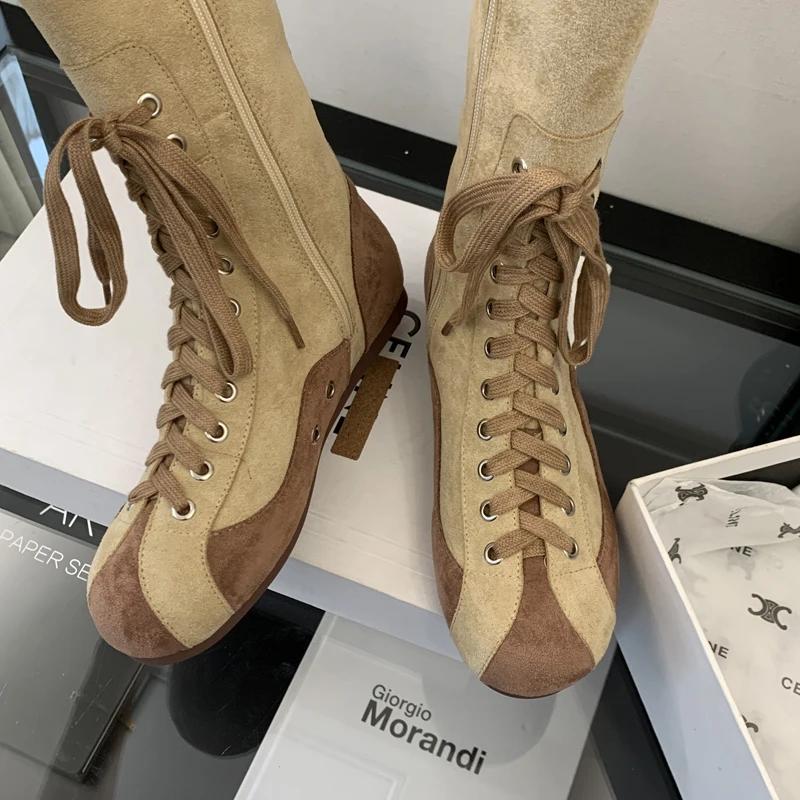 Fashion Brown Knee High Boots Women Round Toe Lace Up Winter Shoes Vintage Sporty Style Flat Heels Long Boots Khaki Botas De Mujer