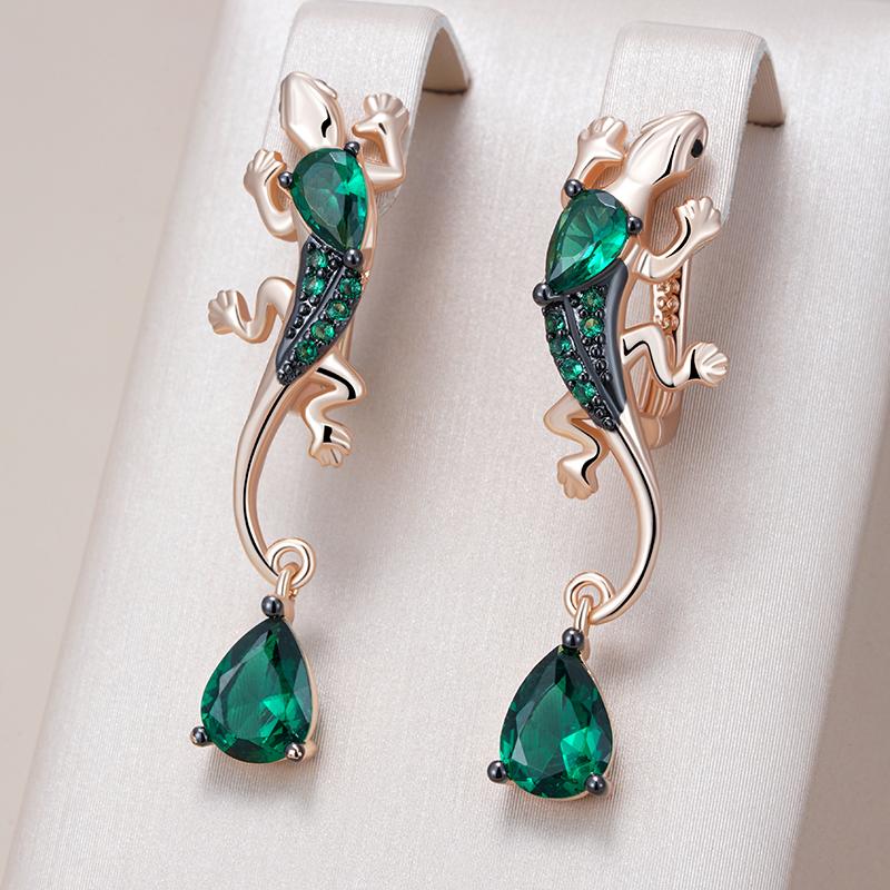 Green Natural Zircon Lizard Drop Earrings For Women Rose Gold And Black Plating Vintage Animal Daily Punk Jewelry