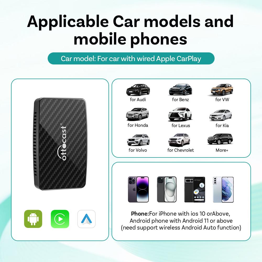 OTTOCAST Play2 Video Pro Carplay Ai Box Wireless Android Auto Adapter Built In Youtube Netflix For VW Benz Ford 99% of Cars TB6