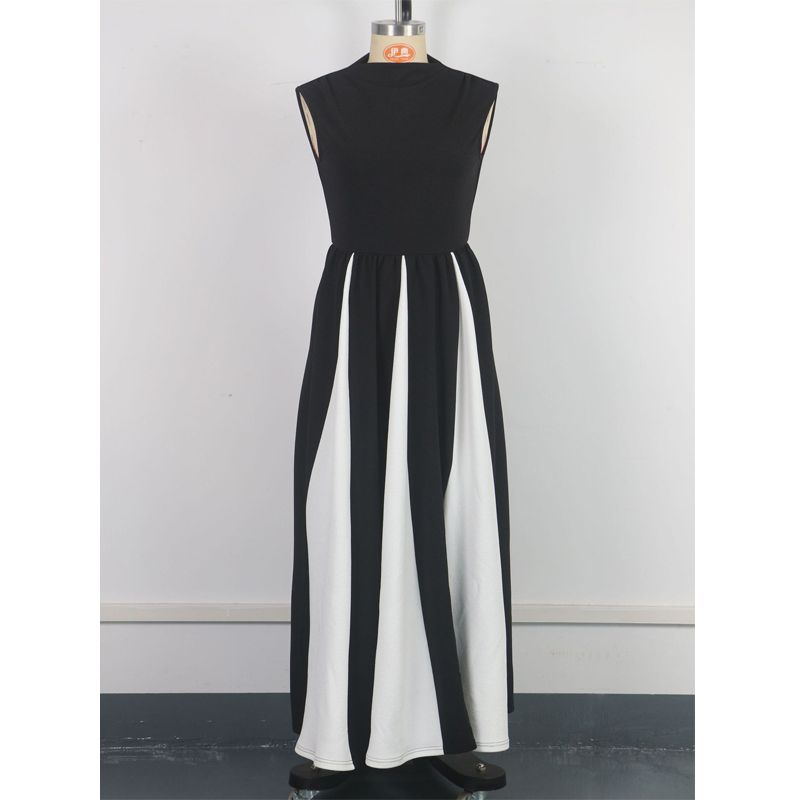 Elegance Round Neck Sleeveless Waist Black and White Color Contrast Patchwork Dress Fashion Evening Dress Women's Dress Dresses
