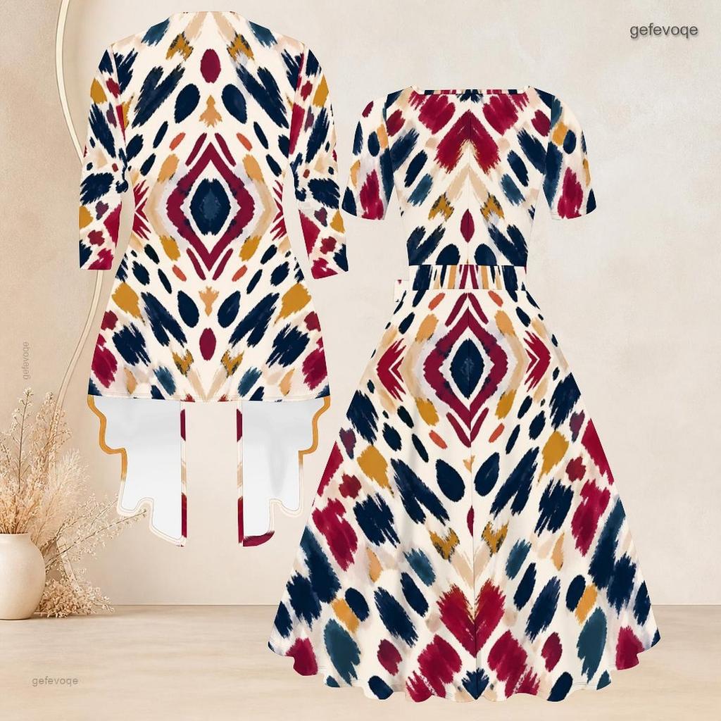 Women Plus Size Two Piece Set Long Sleeve Open Cardigan Square Neck Short Sleeve Tie Waist Printed Flared Dress
