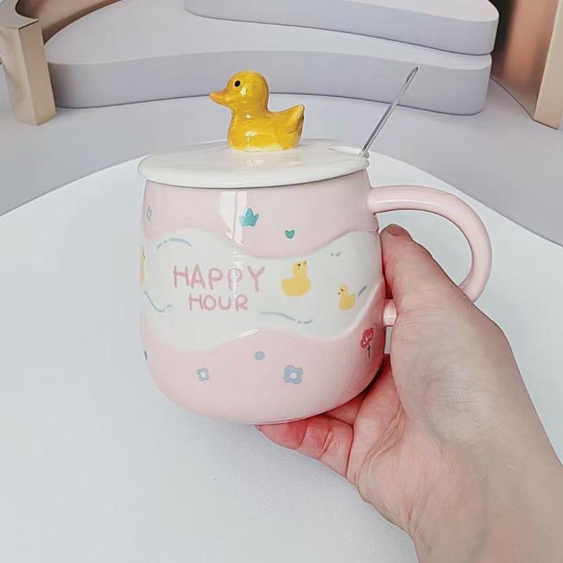Cartoon Design Sense Ceramic Cup with Lid Spoon Oil Duck Microwave Oven Can Heat Water Cup Funny Mug Ceramic Cup