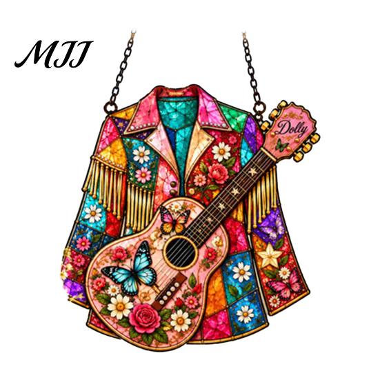 Artistic Window Hanging Western Country Art Suncatcher, Jacket & Guitar Stained Glass Style Sun Catcher, Home Accessories 2D Acrylic Ornament for Wall