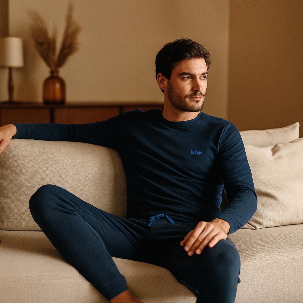 Lee Cooper Piżama Męska Bawełniana Długa Granat Niebieska Logo