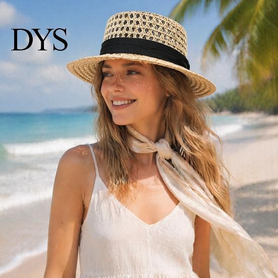 Elegant Vintage Sun Hat Women Straw Hat, with Satin Ribbon Decor, Wide Brim Foldable Travel Beach Breathable Flat Top for Summer Vacation Cap