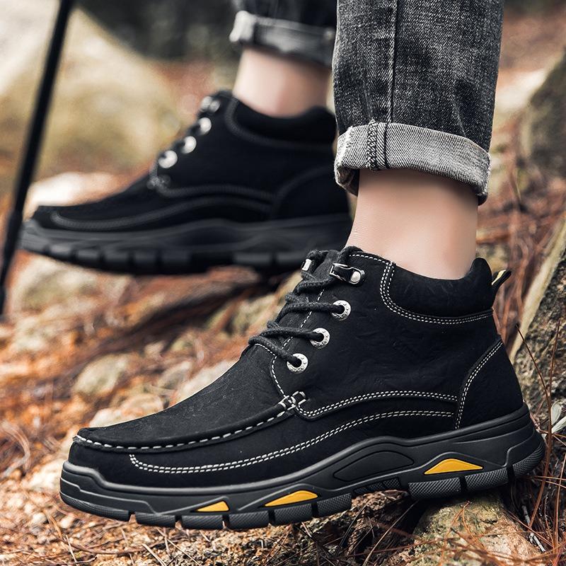 Large size autumn and winter high-top matte leather casual shoes men's top layer cowhide velvet outdoor men's shoes tooling boots