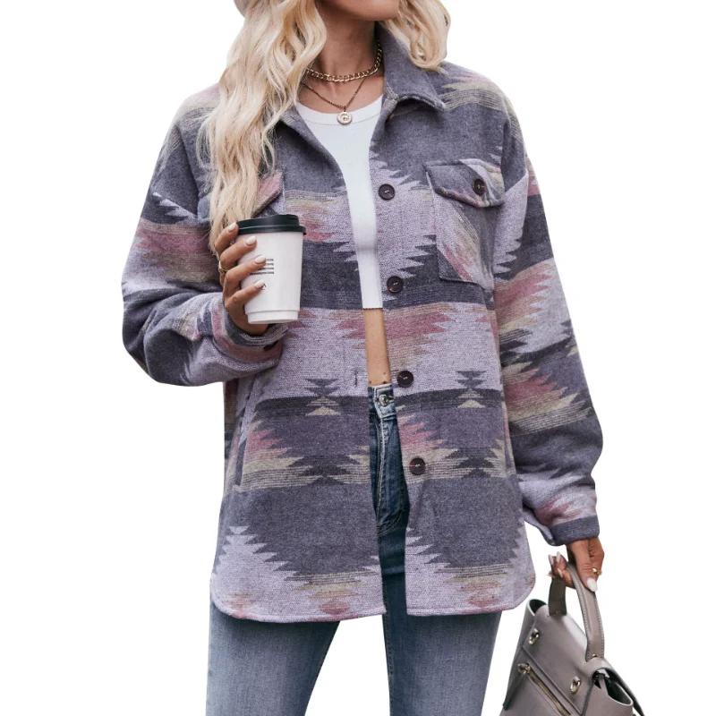 Women's Clothing 2023 Autumn and Winter New AZTEC Geometric Jacket Shirt Lapel Woolen