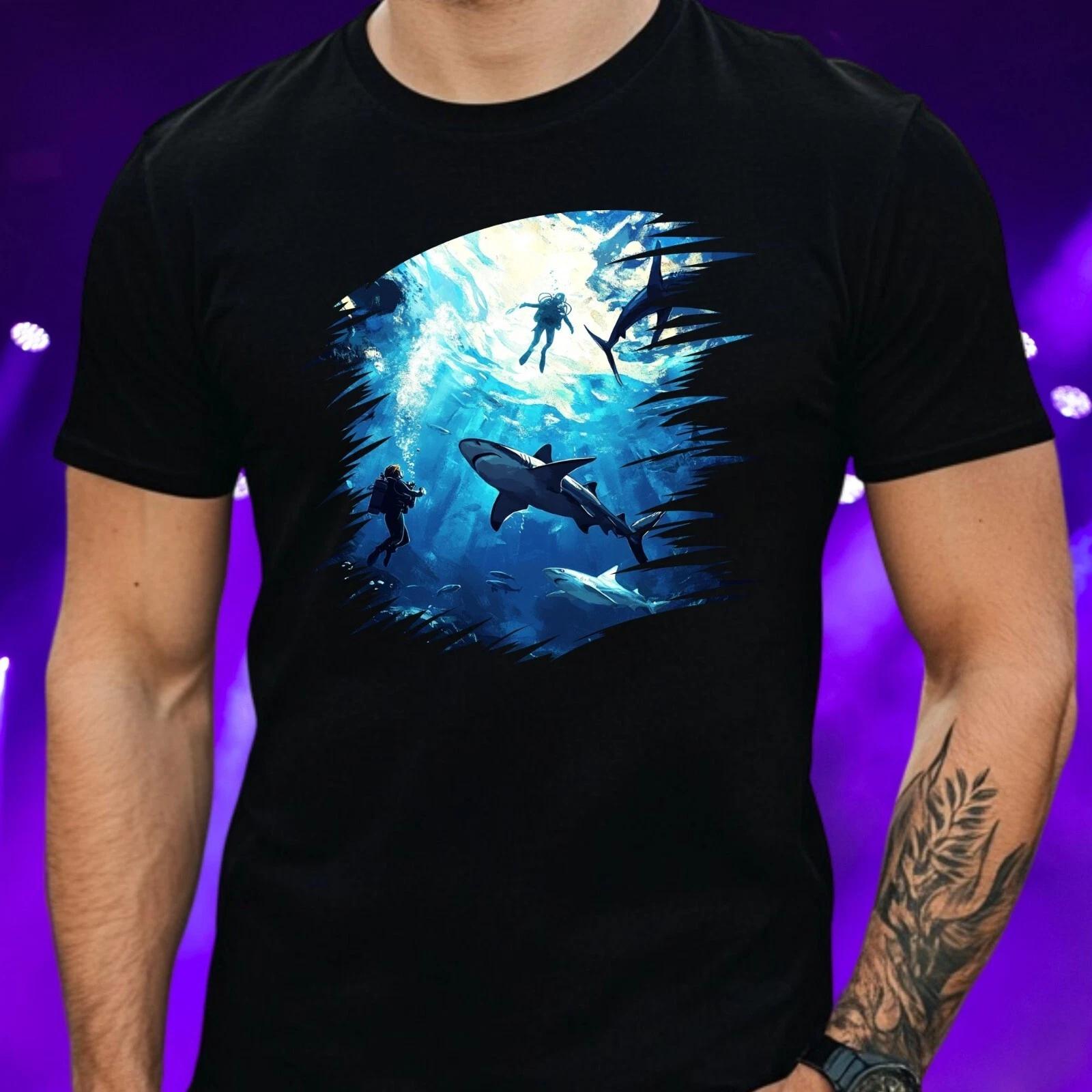 T-Shirt Herren Tauchen mit Haien Motiv Baumwolle Größe S bis 5XL XL