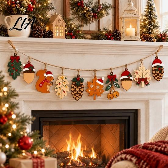 Indoor Window Hanging Decorations Christmas Forest Theme Pendant, Wooden Ornaments with Squirrels Acorns and Pine Natural Winter Home Accents