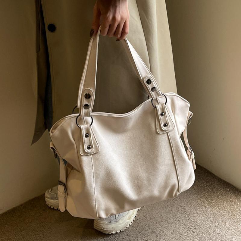 Ladies Large Capacity Brand Handbag Pu Leather Women's Retro Tote Bag Korean Fashion Shoulder Bag Winter White Zipper Handbag