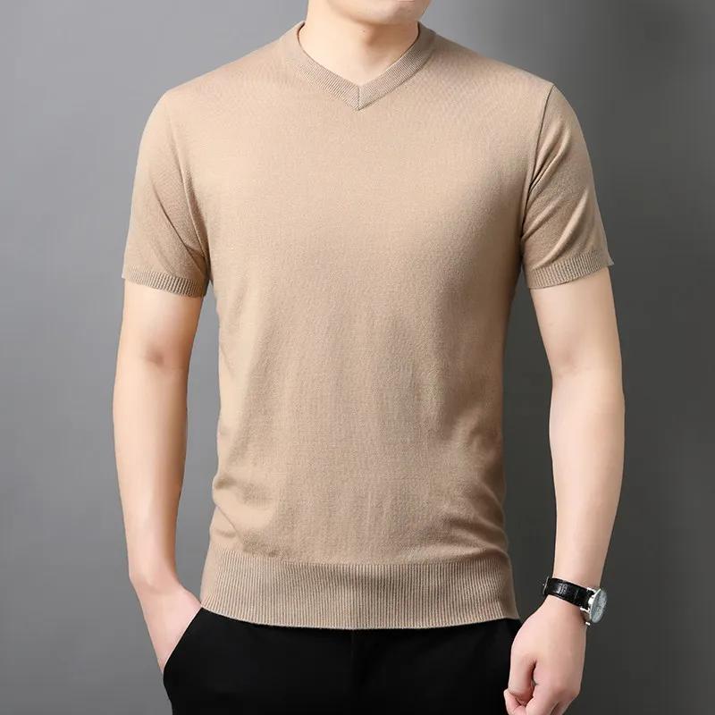 Men V-Neck Pullover Short-Sleeved Sweater 2026 Spring Summer New Knitwear Solid Color Trend Tops Male Oversized T-Shirts 6Xl 8Xl