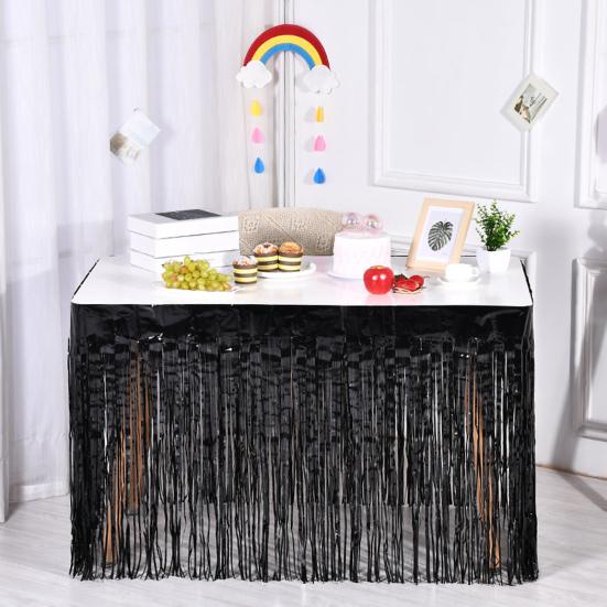 

275X75CM Юбка для стола с кисточками Вечеринка Десертная стойка Украшение стола Сплошной цвет Металлическая фольга Прямоугольная юбка для стола для свадебного банкета Дискотека