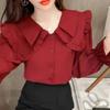 Solid Color Shirt for Women Spring Autumn New Design Sweet Fungus Edge Doll Collar Long-sleeved Top