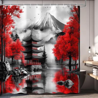 Japanese Anime Shower Curtain, Red and Black Cloth Art Shower Curtain Set, Asian Mountain Cherry Blossom Bathroom Decor Fabric