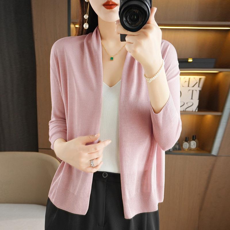 Dünne Strickjacke aus Eisseide und Leinen für Damen, langärmelig, Strickmode, locker, elegant, Schal, lässiger Mantel, einfarbig, einfaches Grundmodell, Pendeln, Frühling, Herbst