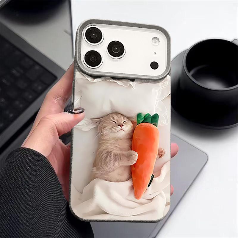 Sleeping Cat Carrot Pattern Case For iPhone 17 Pro Max Funda iPhone 16 Pro Max 15 14 13 12 11 Air 16E Leather Texture Silicone Cover