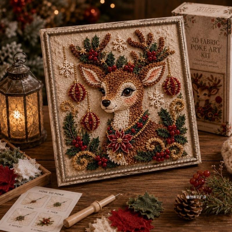 Kit di Poke Art 3D in Tessuto di Natale Vintage con Cornice Estetica Retrò Facile Tutorial per Amanti del Fai da Te Decorazione Natalizia per la Casa