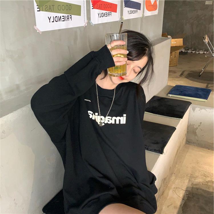 Ladies Letter Print Oversize Loose Pullover Hoodie Women's Autumn Winter Long Sleeved Student Casual Sweatshirt Top