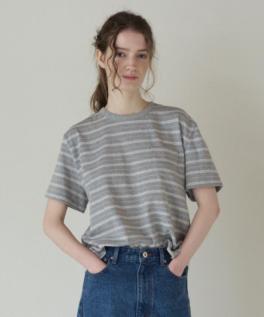 TTUDEMENT 50S Embroidered Striped Semi Over Fit T-Shirt_Melange Gray