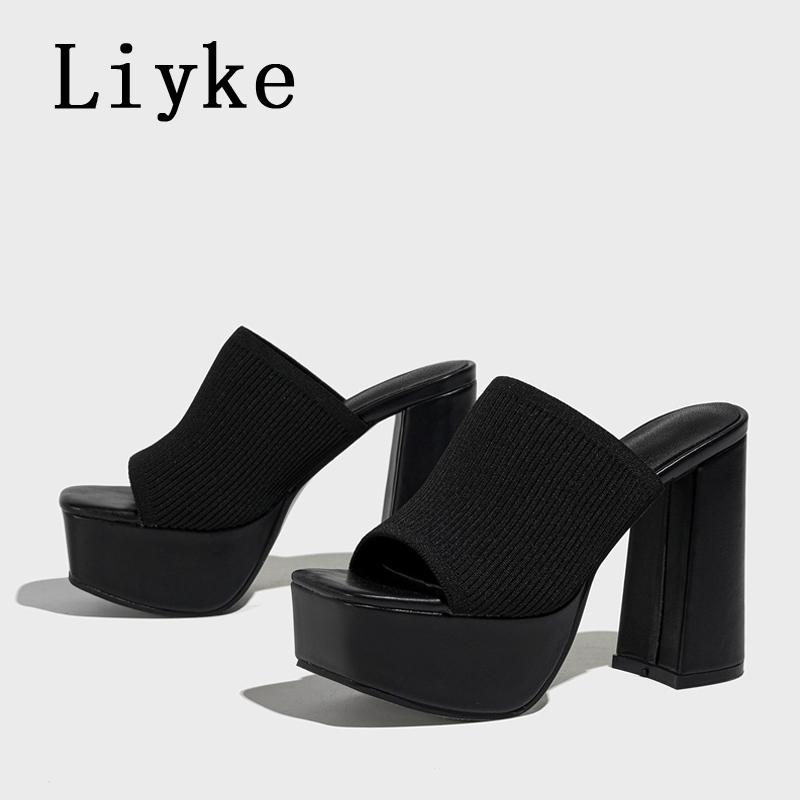 Fashion Liyke Summer Fashion Green Knitting Women's Slippers Banquet Nightclub Platform Chunky High Heels Slide Mule Shoes Female Sandal